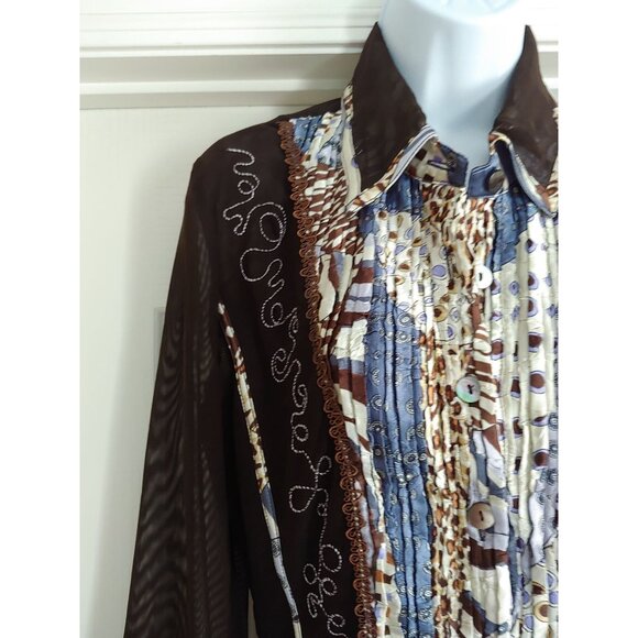 Alberto Makali Womens Artsy Pleated Sheer Mesh Sleeves Embroidered L Electic - Picture 3 of 13